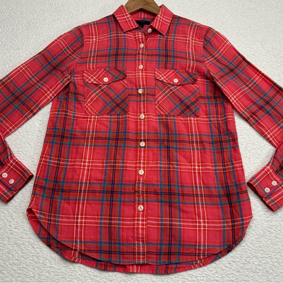 J. Crew Women’s Long Sleeve Flannel Button Down Shirt Size 2 Red Plaid - Picture 2 of 7
